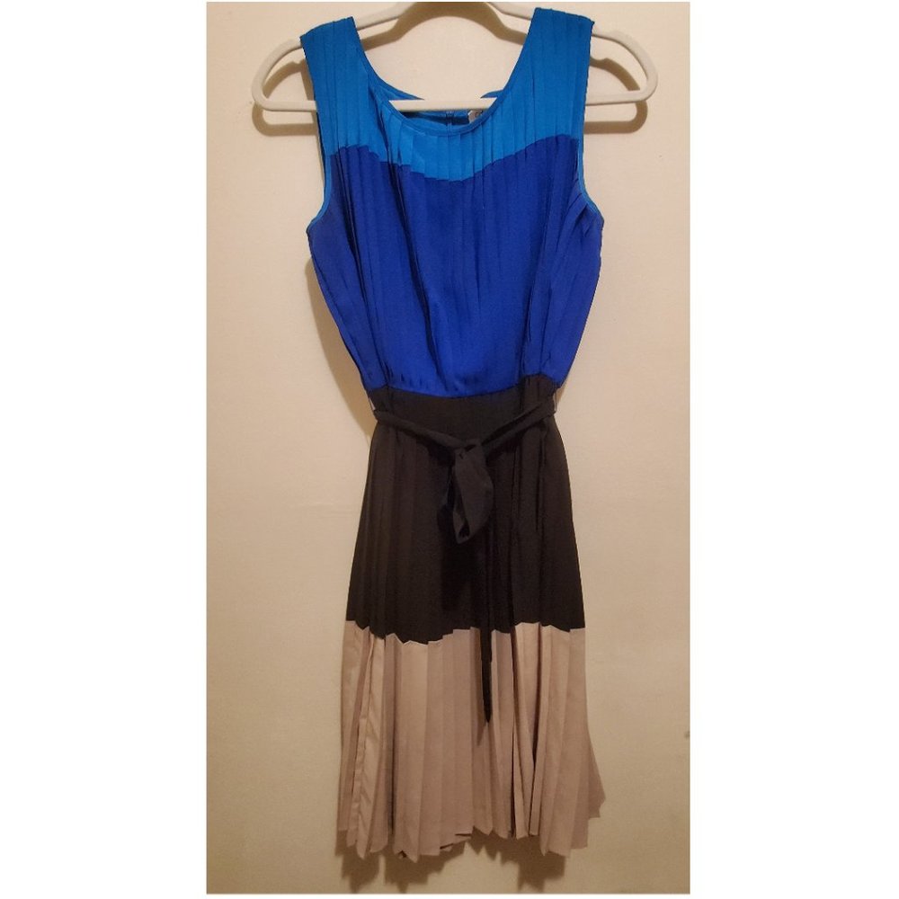 Calvin Klein Stripe Pleated Belted Blue Black Taupe Sleeveless Dress Size 6